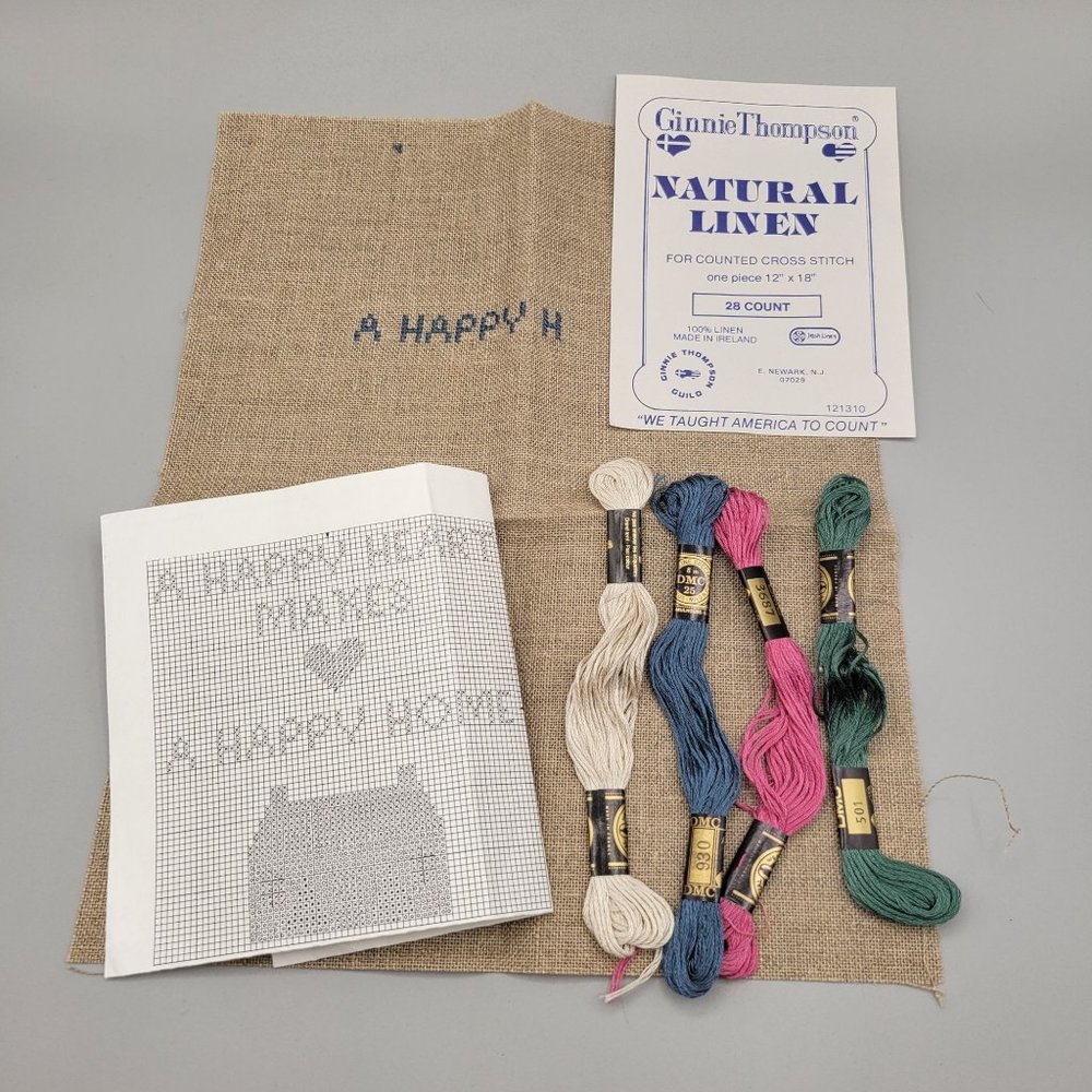 A Happy Heart Makes a Happy Home Counted Cross Stitch Kit Irish Linen